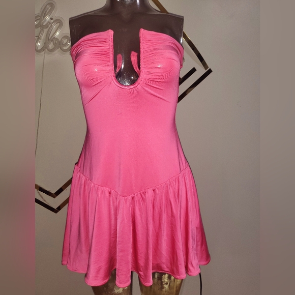 ***NWT Slinky Jersey Strapless Plunge Neck Mini Dress in Rose Pink*** - Picture 3 of 3